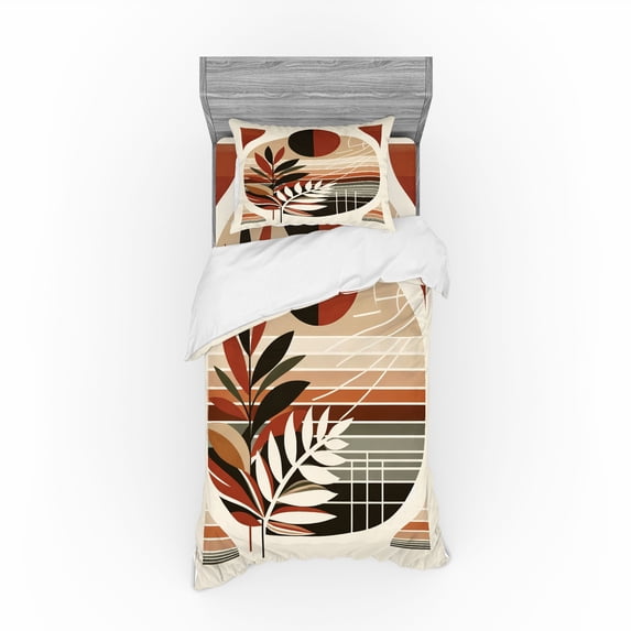 Ambesonne Monstera Bedding Set 3 Pcs, Abstract Mid Century Leaf, Twin, Redbrown Dusk Black