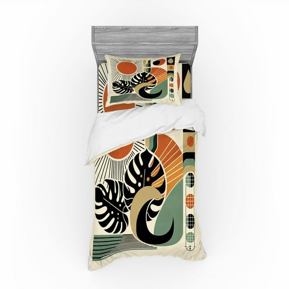 Ambesonne Monstera Bedding Set 3 Pcs, Boho Mid Century Sun Leaf, TwinXL, Cinnamon Black Beige