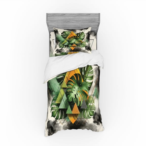 Ambesonne Monstera Bedding Set 3 Pcs, Leaves Triangles Mystery, Twin, Camel Grey and Fern Green