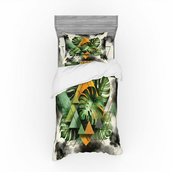 Ambesonne Monstera Bedding Set 3 Pcs, Leaves Triangles Mystery, TwinXL, Camel Grey and Fern Green
