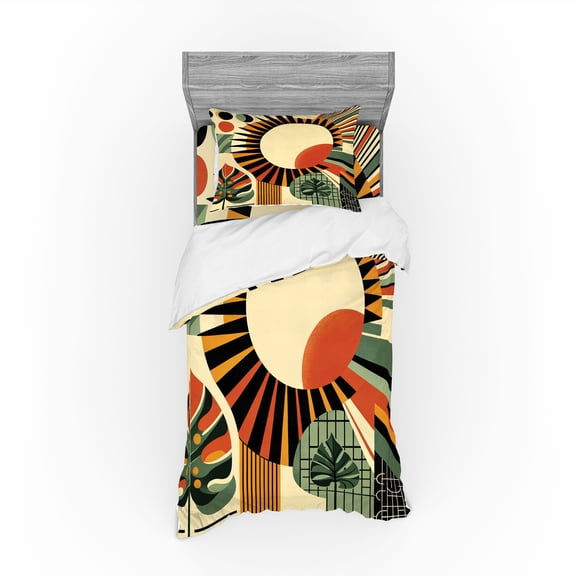 Ambesonne Monstera Bedding Set 3 Pcs, Mid Century Abstract Sun, Twin, Beige Burnt Orange Black
