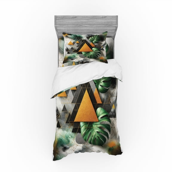 Ambesonne Monstera Bedding Set 3 Pcs, Triangles Marble Abstract, Twin, Fern Green Grey Camel