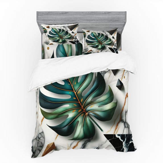 Ambesonne Monstera Bedding Set 4 Pcs, Abstract Mid Century Art, King, Fern Green Teal and Pale Grey