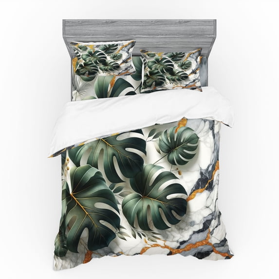 Ambesonne Monstera Bedding Set 4 Pcs, Abstract Mid Century Boho, King, Dark Green Dimgray