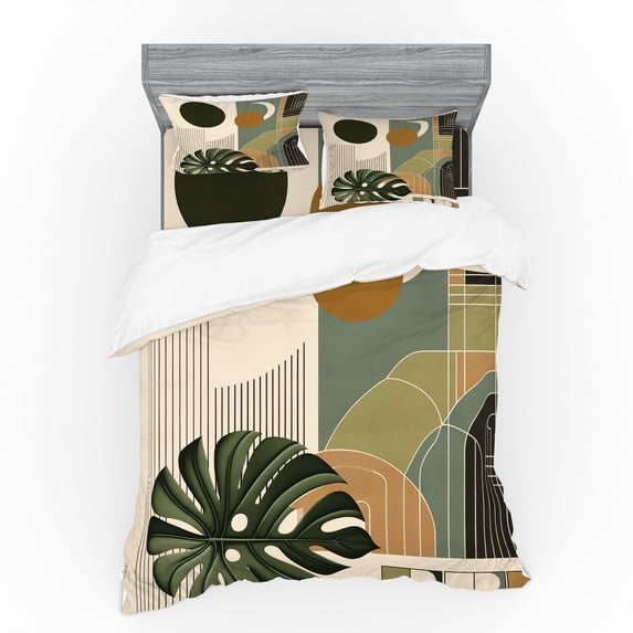 Ambesonne Monstera Bedding Set 4 Pcs, Boho Abstract Mid Century, King, Beige Evergreen and Sepia