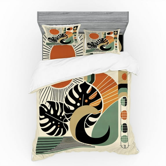Ambesonne Monstera Bedding Set 4 Pcs, Boho Mid Century Sun Leaf, King, Cinnamon Black Beige