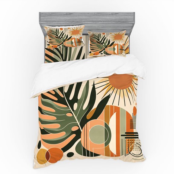 Ambesonne Monstera Bedding Set 4 Pcs, Leaves Mid Century Boho, Calking, Peach and Pale Reseda Green