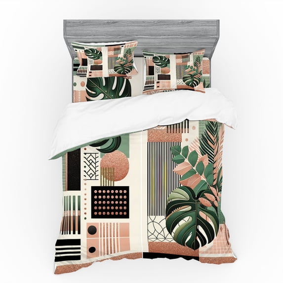 Ambesonne Monstera Bedding Set 4 Pcs, Mid Century Boho Shapes, Queen, Evergreen Pale Rust Brown