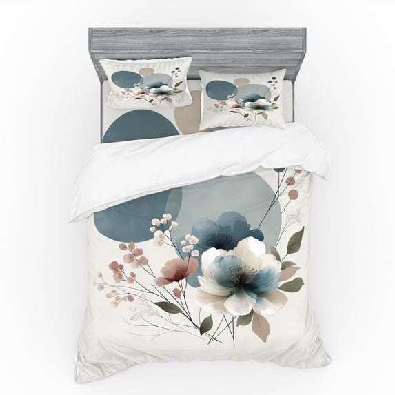 Ambesonne Monstera Bedding Set 4 Pcs, Minimalistic Floral Print, Queen, Blue Grey and Blush