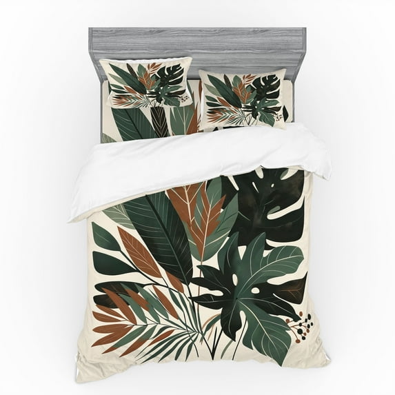 Ambesonne Monstera Bedding Set 4 Pcs, Tropical Abstract Boho Art, Calking, Sage Green Fawn Evergreen