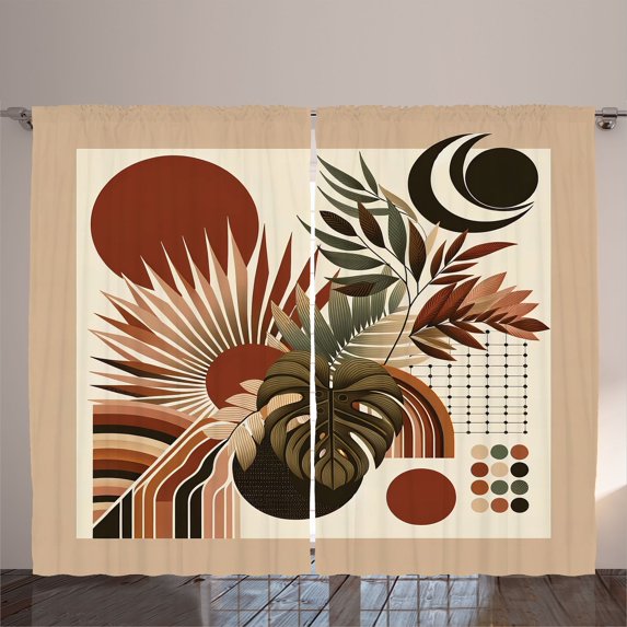 Ambesonne Monstera Curtains 2 Panel Set, Abstract Mid Century Boho, 108" x 108", Redwood Beige and Black