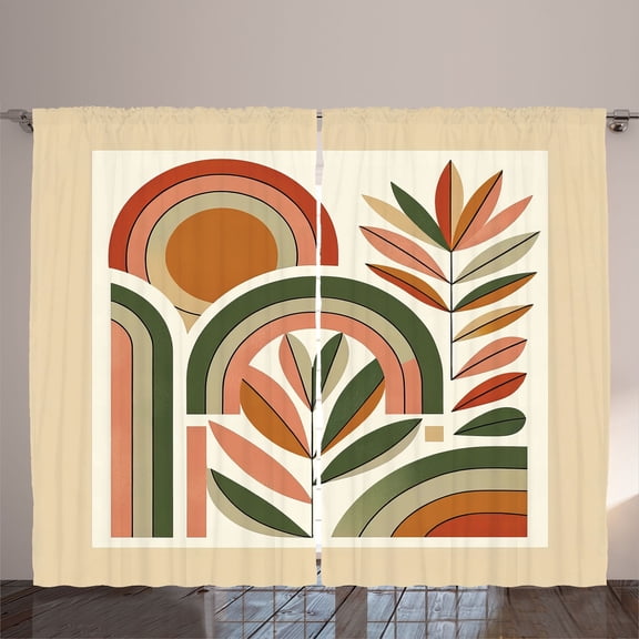 Ambesonne Monstera Curtains 2 Panel Set, Boho Mid Century Abstract, 108" x 84", Dark Rust Beige Green
