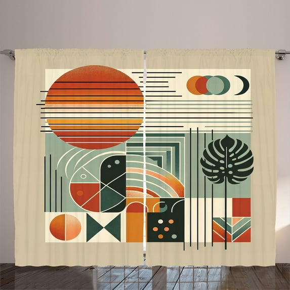 Ambesonne Monstera Curtains 2 Panel Set, Mid Century Boho Abstract, 108" x 96", Cinnamon Pale Sage Green