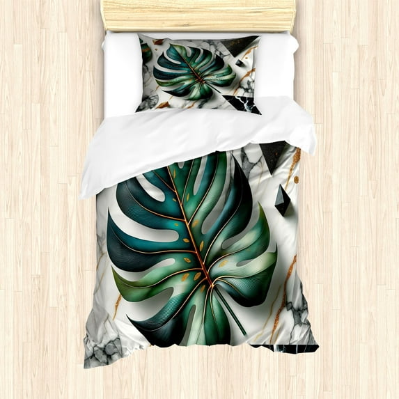 Ambesonne Monstera Duvet Cover Set, Abstract Mid Century Art, Twin, Fern Green Teal and Pale Grey