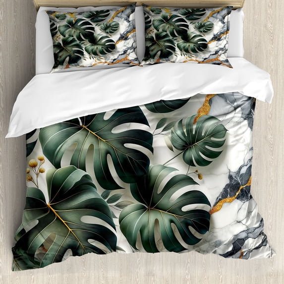 Ambesonne Monstera Duvet Cover Set, Abstract Mid Century Boho, King, Dark Green Dimgray