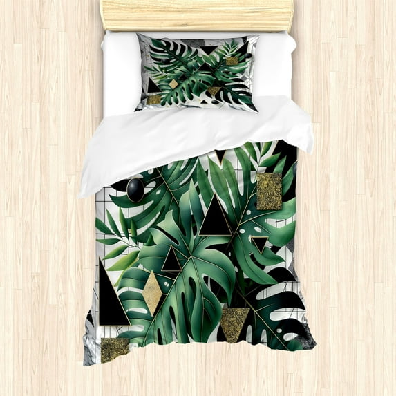 Ambesonne Monstera Duvet Cover Set, Boho Abstract Nature Art, Twin, Emerald Dark Grey Dimgray
