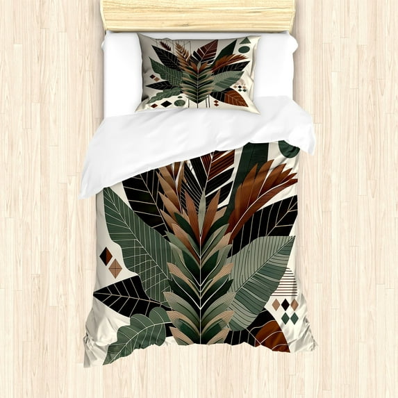 Ambesonne Monstera Duvet Cover Set, Boho Abstract Tropical Art, Twin, Evergreen Sage Green Fawn