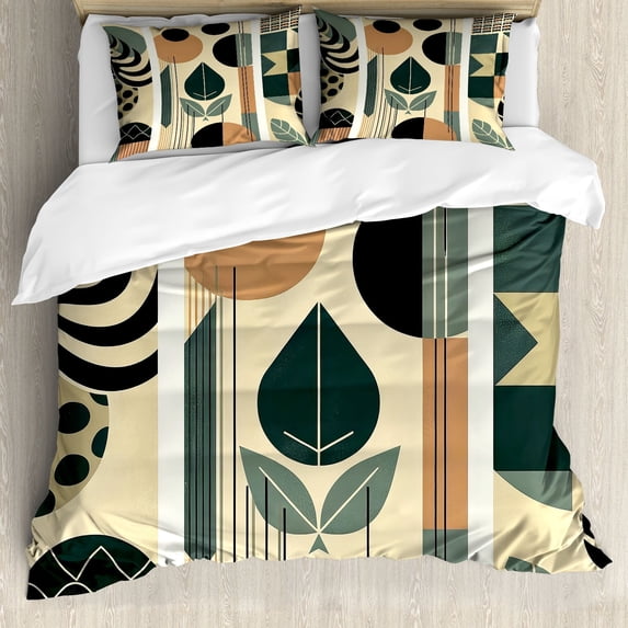 Ambesonne Monstera Duvet Cover Set, Mid Century Boho Abstract, Calking, Pale Reseda Green and Camel