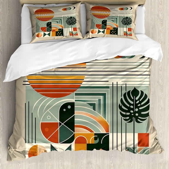 Ambesonne Monstera Duvet Cover Set, Mid Century Boho Abstract, Queen, Cinnamon Pale Sage Green