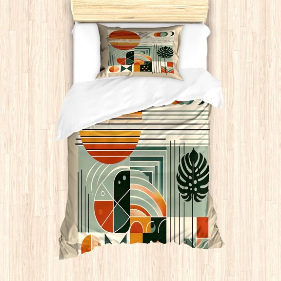 Ambesonne Monstera Duvet Cover Set, Mid Century Boho Abstract, Twin, Cinnamon Pale Sage Green
