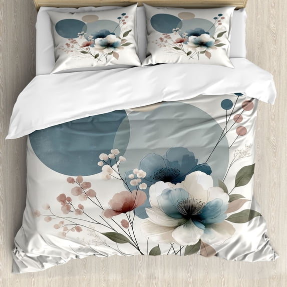 Ambesonne Monstera Duvet Cover Set, Minimalistic Floral Print, King, Blue Grey and Blush