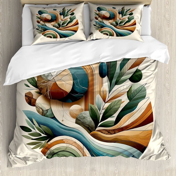 Ambesonne Monstera Duvet Cover Set, Sage Love Boho Mid Century, Calking, Teal Amber Olive Green