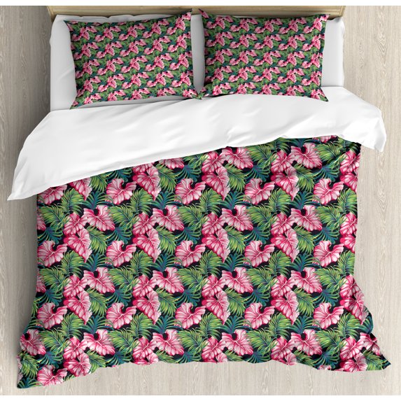 Ambesonne Monstera Duvet Cover Sets, Hawaiian Aloha Repetition, 2-King, Hot Pink and Fern Green