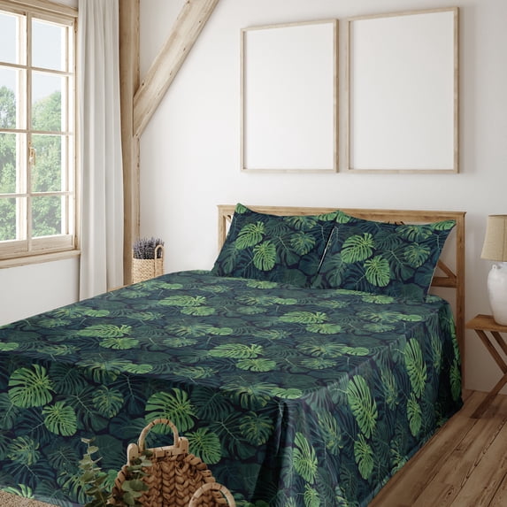 Ambesonne Monstera Fitted & Flat Sheet with Sham 3 Pcs Set, Exotic Art Hawaiian Modern, Twin, Emerald Green Teal
