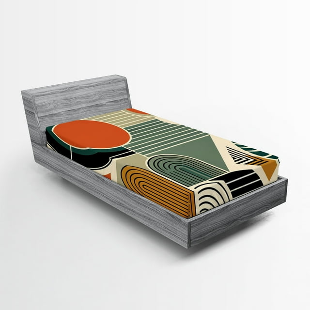 Ambesonne Monstera Fitted Sheet, Abstract Boho Mid Century, Twin Size, Burnt Orange Pale Khaki
