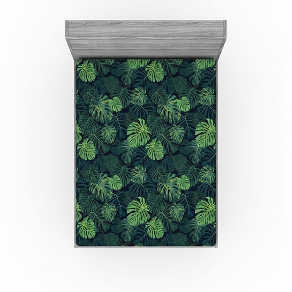 Ambesonne Monstera Fitted Sheet, Exotic Art Hawaiian Modern, California King, Emerald Green Teal