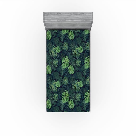 Ambesonne Monstera Fitted Sheet, Exotic Art Hawaiian Modern, Twin Size, Emerald Green Teal