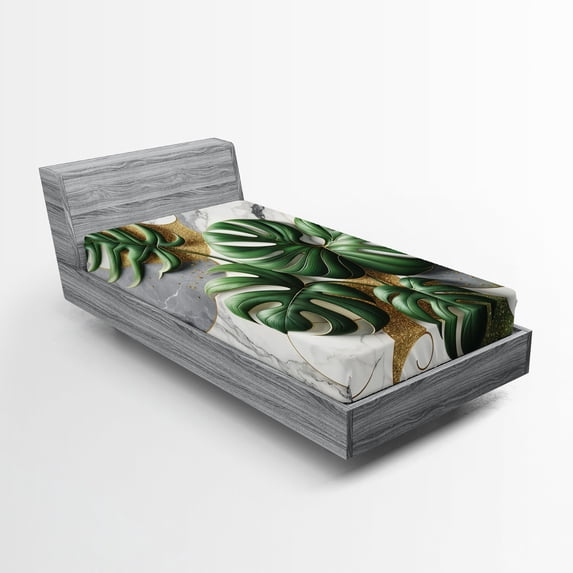 Ambesonne Monstera Fitted Sheet, Marble Boho Mid Century, TwinXL Size, Pale Grey Fern Green