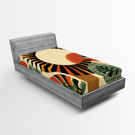 Ambesonne Monstera Fitted Sheet, Mid Century Abstract Sun, Twin Size, Beige Burnt Orange Black