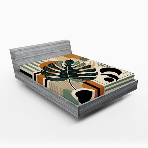 Ambesonne Monstera Fitted Sheet, Mid Century Boho Abstract, Full Size, Evergreen Sepia Dusk
