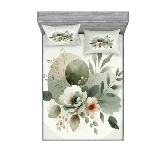 Ambesonne Monstera Fitted Sheet & Pillow Sham Set, Minimalist Floral Boho, King, Pale Sage Green Coconut