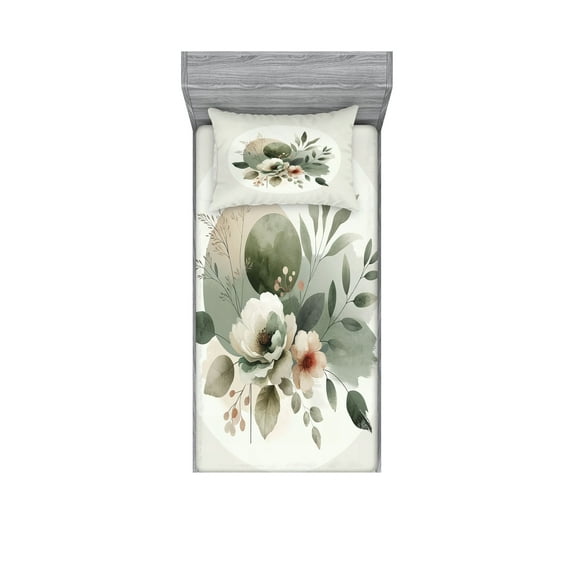 Ambesonne Monstera Fitted Sheet & Pillow Sham Set, Minimalist Floral Boho, Twin, Pale Sage Green Coconut