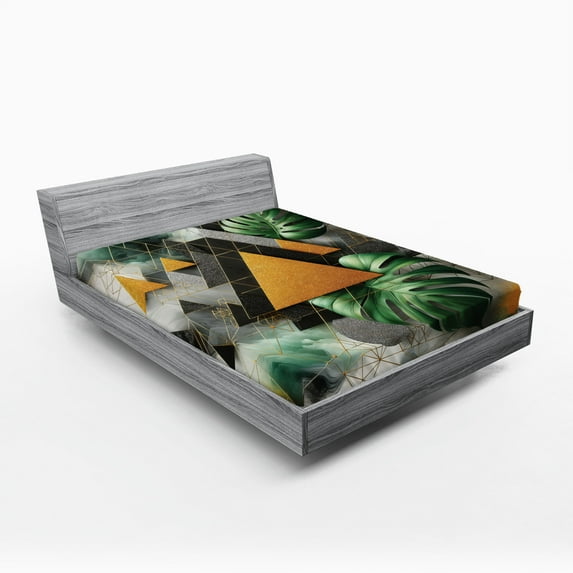 Ambesonne Monstera Fitted Sheet, Triangles Marble Abstract, California King, Fern Green Grey Camel