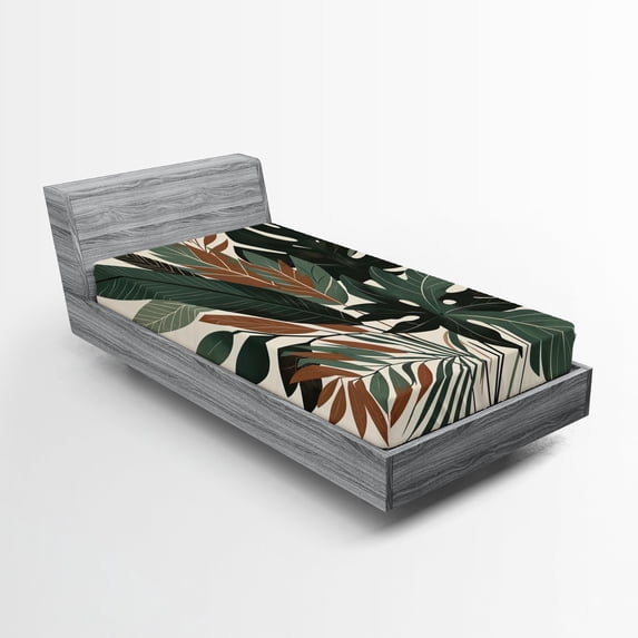 Ambesonne Monstera Fitted Sheet, Tropical Abstract Boho Art, TwinXL Size, Sage Green Fawn Evergreen