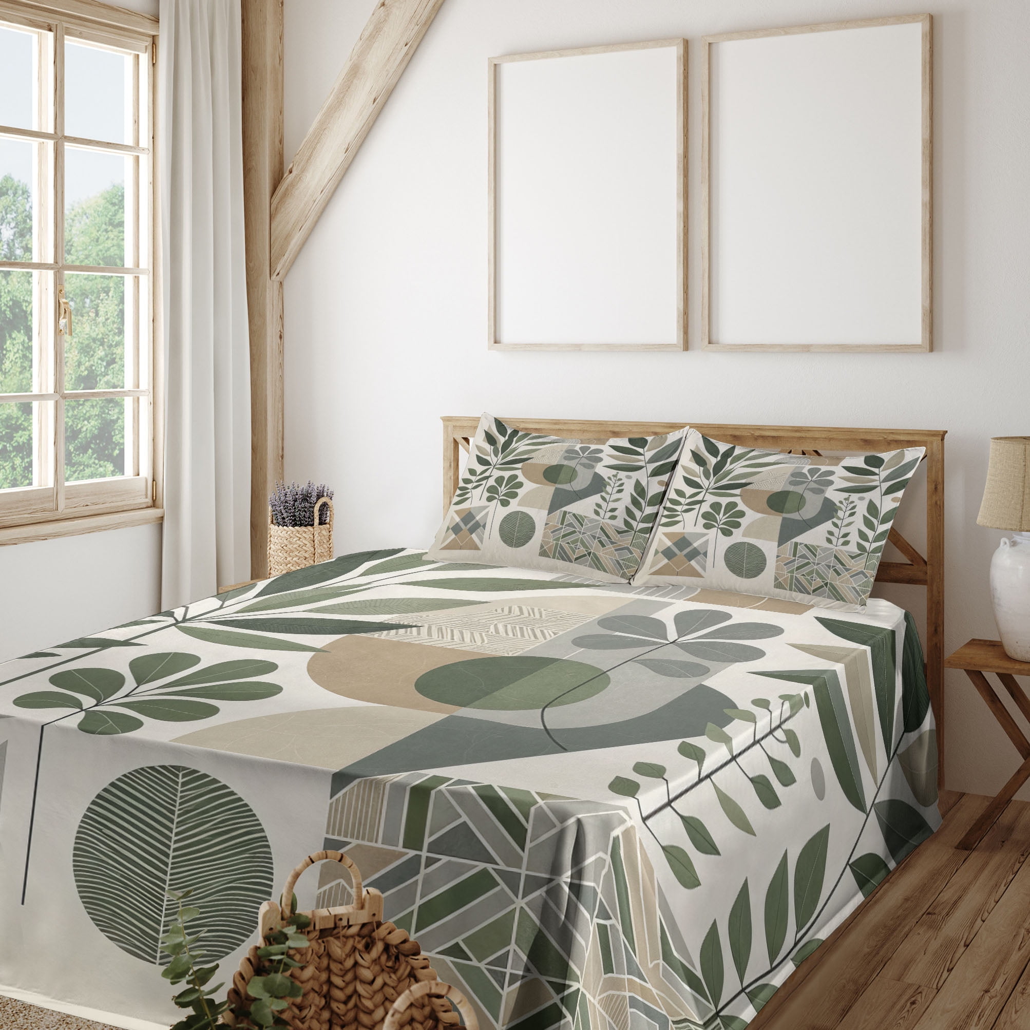 Ambesonne Monstera Fitted & Top Sheet Set with Sham, Minimalist Floral