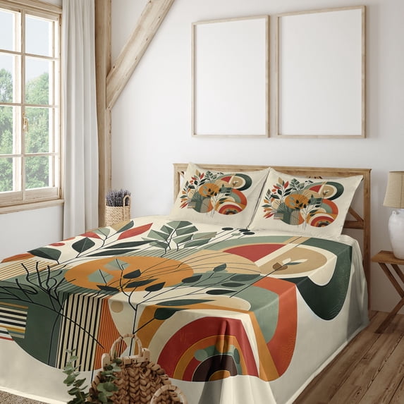 Ambesonne Monstera Fitted & Top Sheet Set with Sham, Modern Abstract Botanic, Burnt Sienna Pale Seafoam