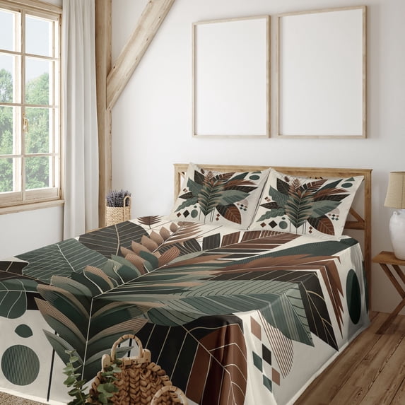 Ambesonne Monstera Fitted & Top Sheet Set with Shams, Boho Abstract Tropical Art, Evergreen Sage Green Fawn