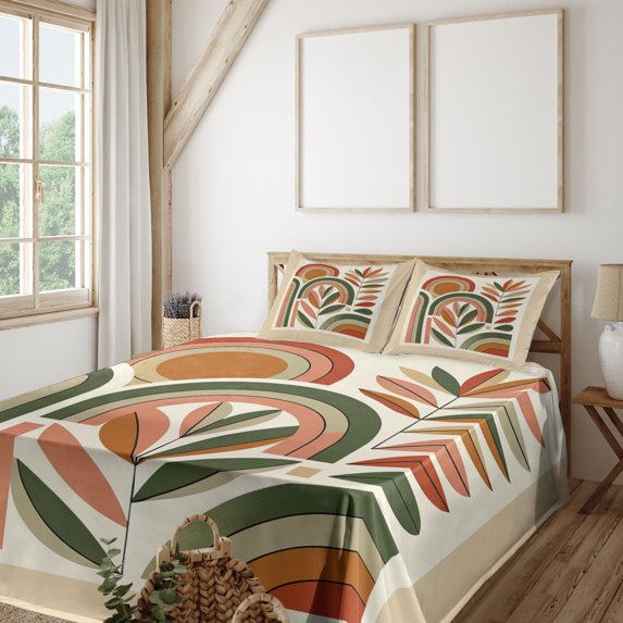 Ambesonne Monstera Fitted & Top Sheet Set with Shams, Boho Mid Century Abstract, Dark Rust Beige Green