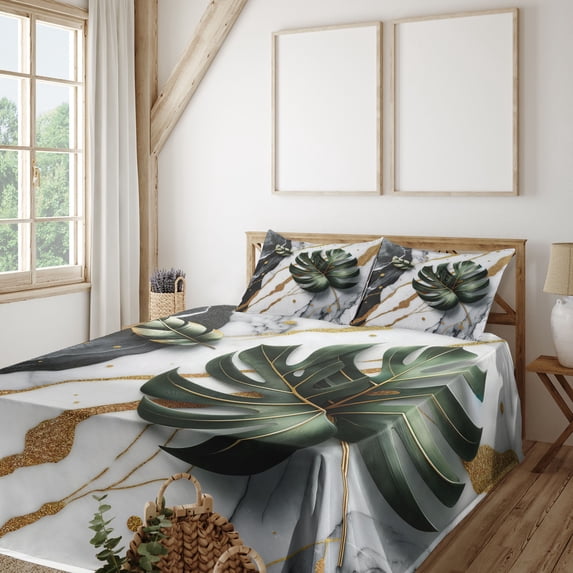 Ambesonne Monstera Fitted & Top Sheet Set with Shams, Marble Mid Century Boho, Dimgray Hunter Green