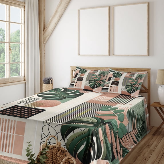 Ambesonne Monstera Fitted & Top Sheet Set with Shams, Mid Century Boho Shapes, Evergreen Pale Rust Brown