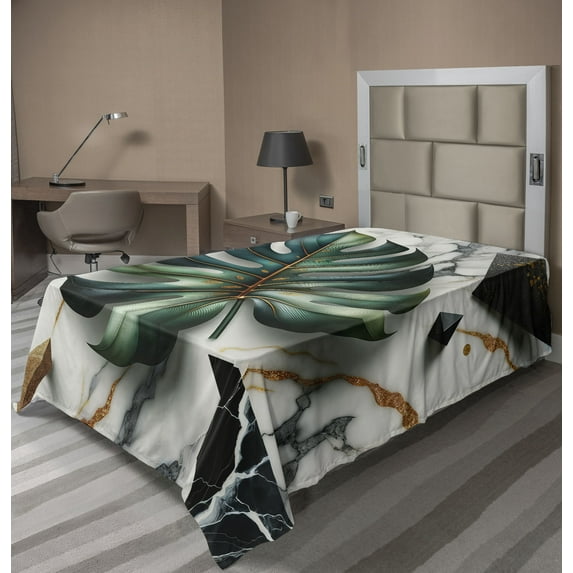 Ambesonne Monstera Flat Sheet, Abstract Mid Century Art, TwinXL Size, Fern Green Teal and Pale Grey