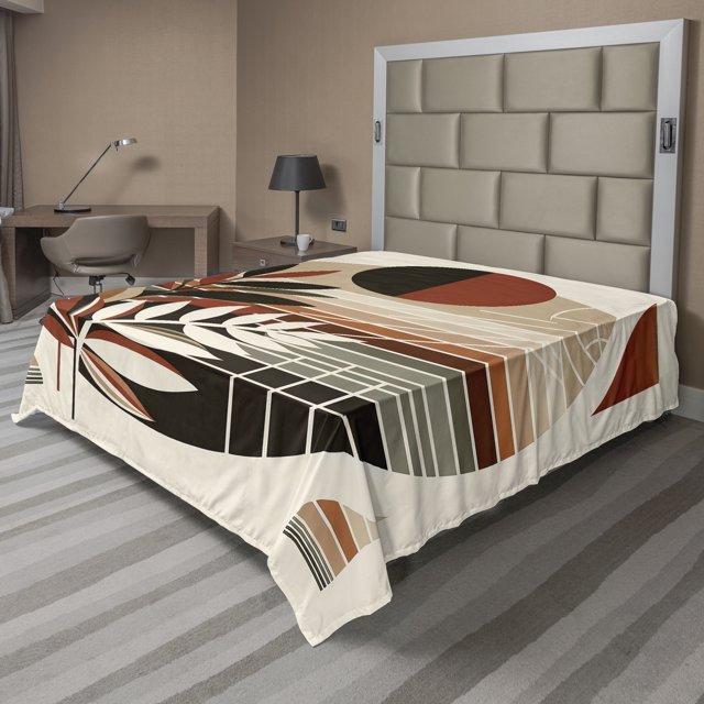 Ambesonne Monstera Flat Sheet, Abstract Mid Century Leaf, King Size, Redbrown Dusk Black