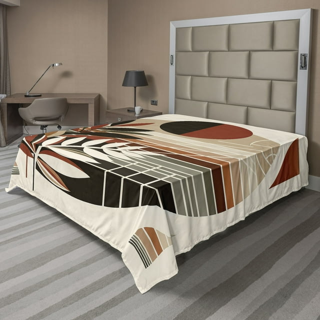 Ambesonne Monstera Flat Sheet, Abstract Mid Century Leaf, King Size, Redbrown Dusk Black