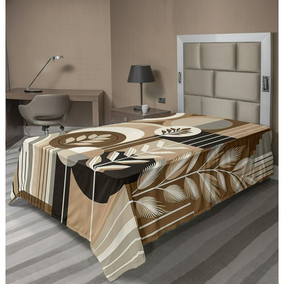 Ambesonne Monstera Flat Sheet, Boho Arrange Mid Century, Twin Size, Dark Cocoa Pale Brown