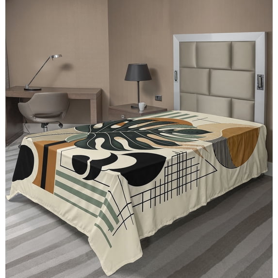 Ambesonne Monstera Flat Sheet, Mid Century Boho Abstract, Twin Size, Evergreen Sepia Dusk