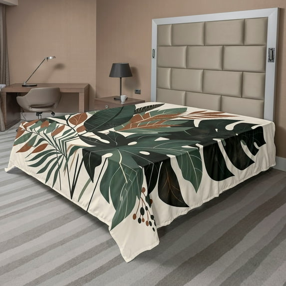 Ambesonne Monstera Flat Sheet, Tropical Abstract Boho Art, Full Size, Sage Green Fawn Evergreen